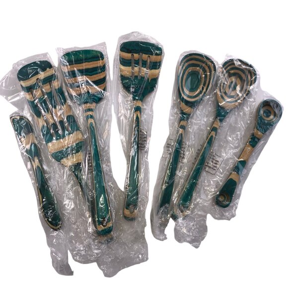 New BALTIQUE Mykonos Collection 7-Piece Utensil Set.  Tan / Blue Striped Spatula - Picture 7 of 8